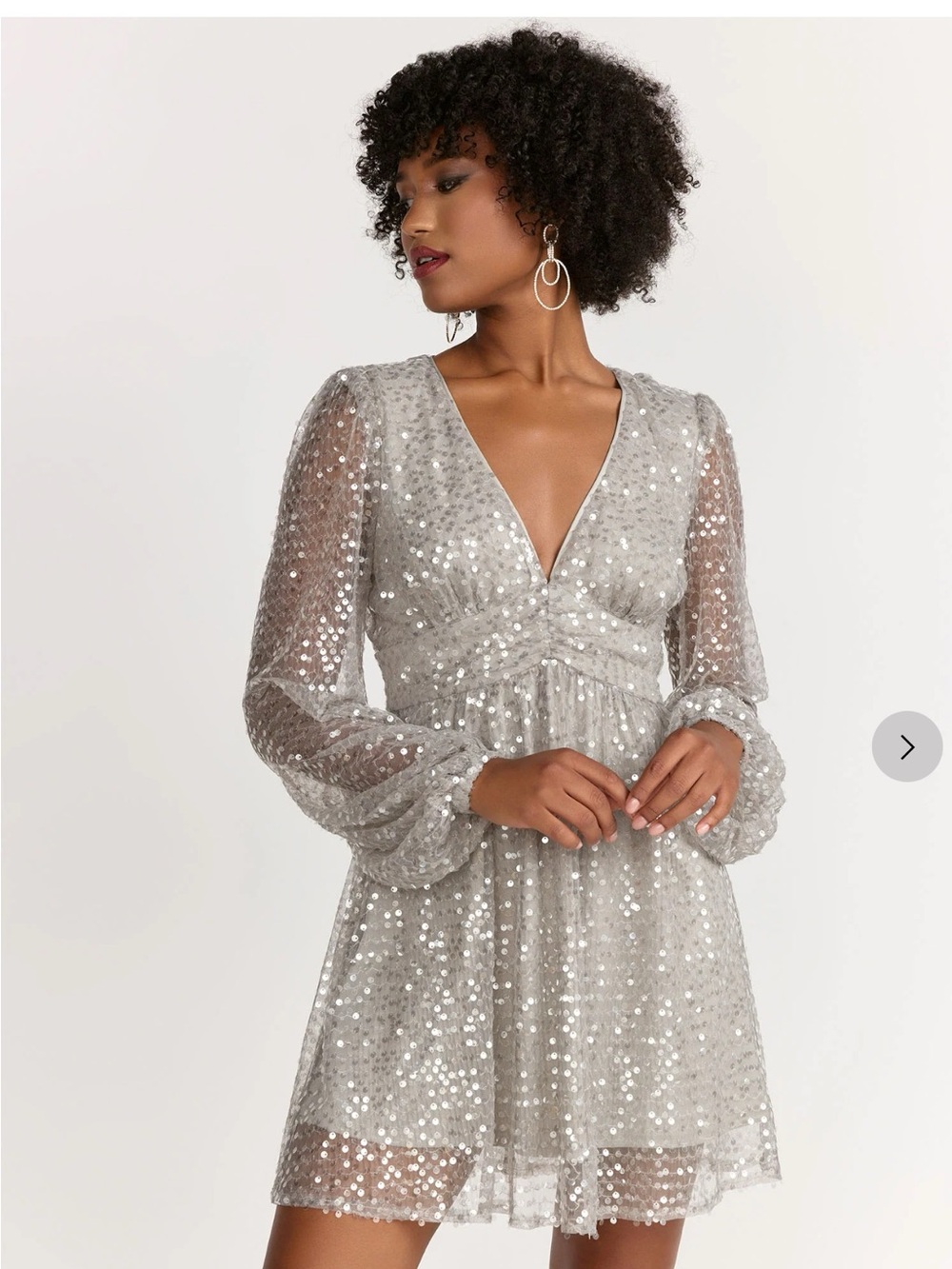 Lena Silver Sequin V-Neck Long Sleeve Mini Dress